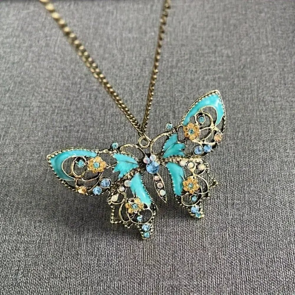 Boho Teal Butterfly Pendant Necklace Art Nouveau Enamel Rhinestone Cottagecore - Picture 4 of 12